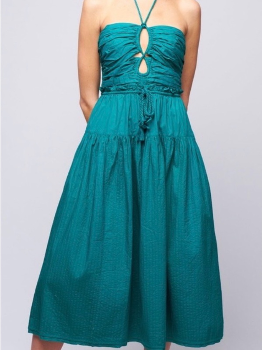 Ulla Johnson Teal Strapless Midi Dress with Rope Waist